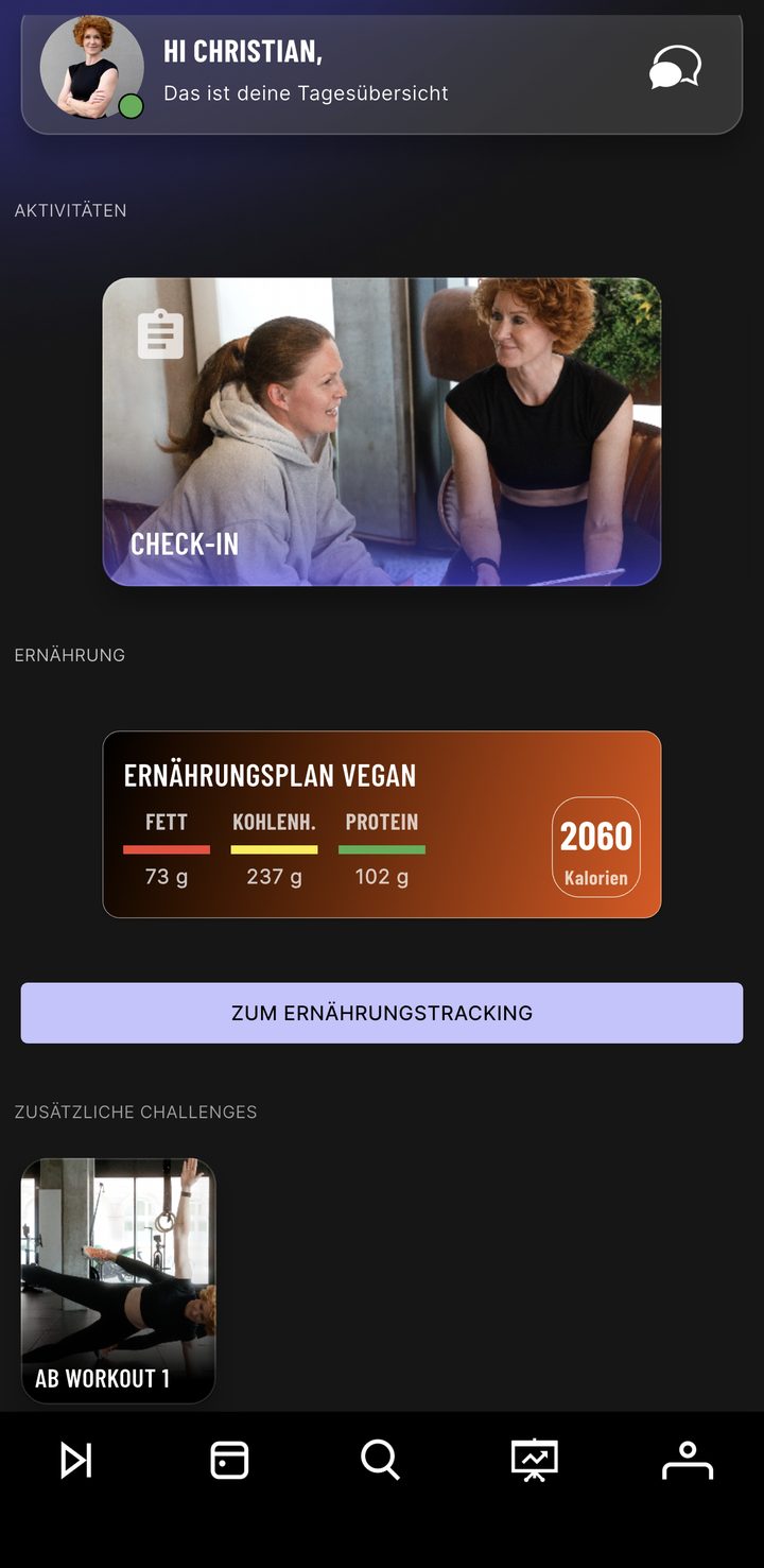 Tagesübersicht mit Zusatz-Challenge in Stellas Coaching-App